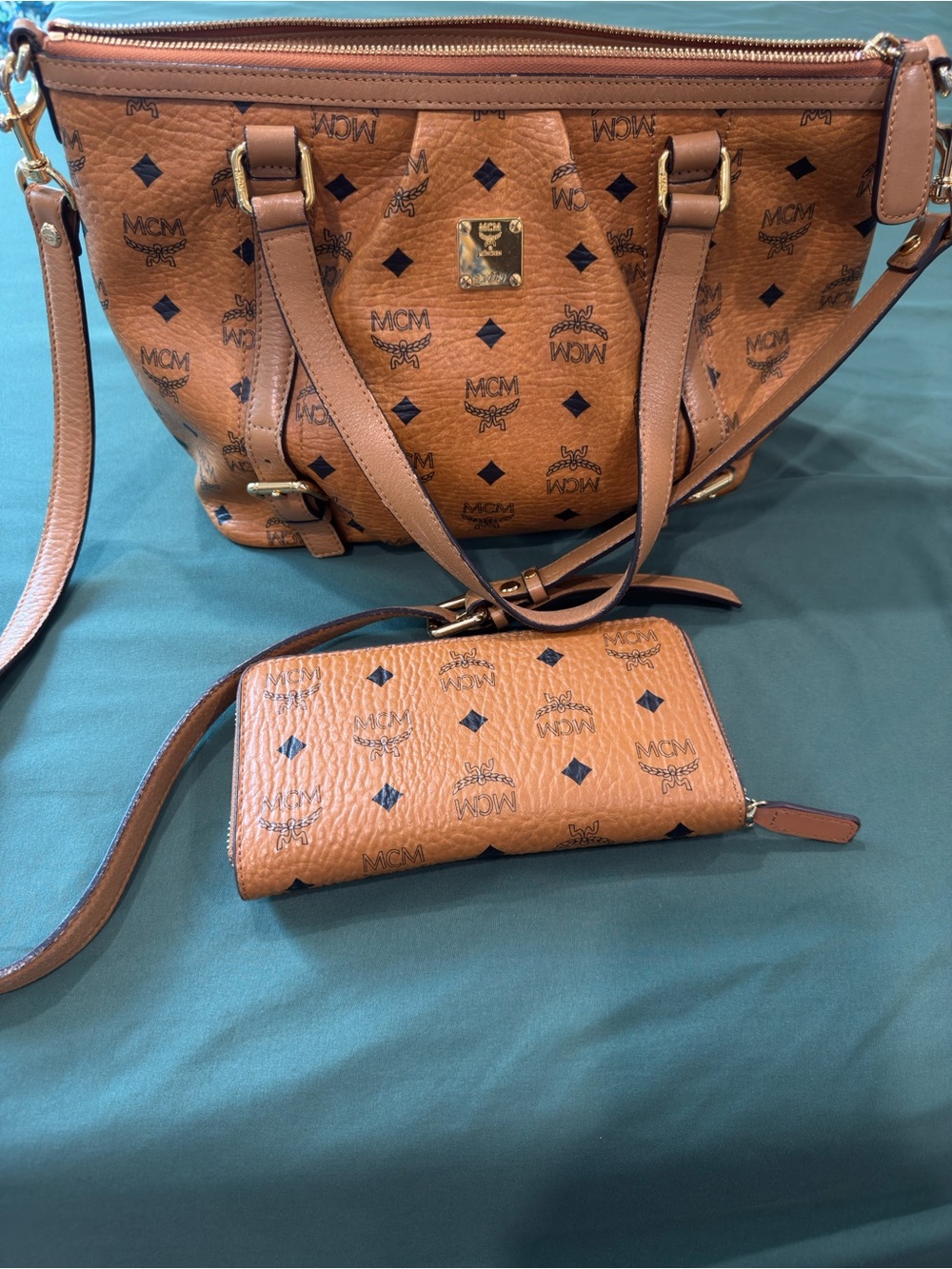 MCM Cognac Visetos Monogram Tote with Matching Zip Wallet